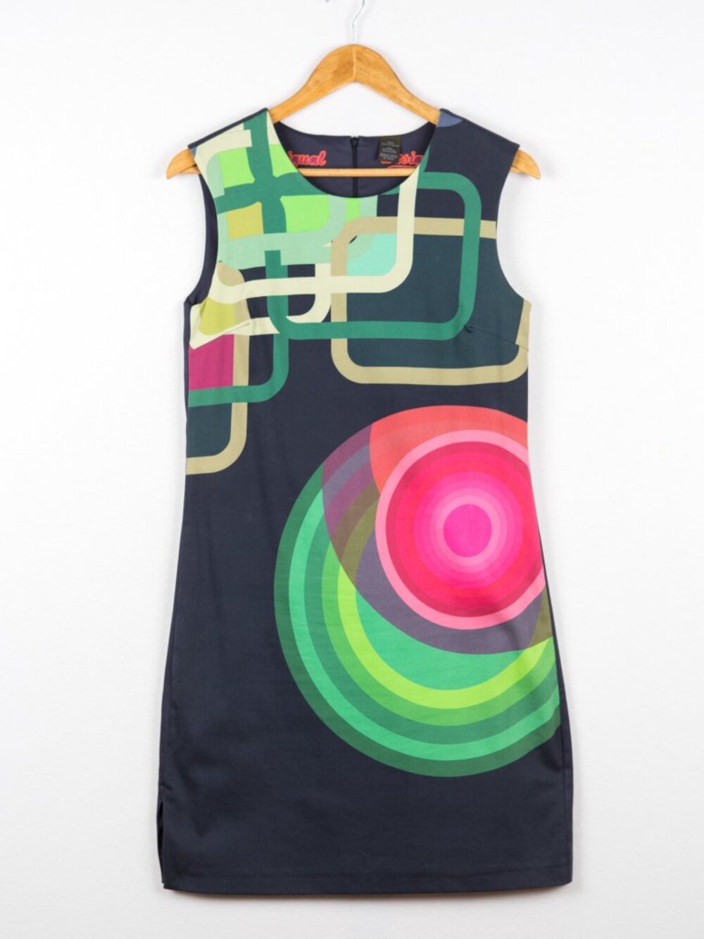 Desigual Retro Geometric Target Shift Dress Navy Blue Cotton Blend Size US 8